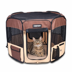 Tabby cat resting inside the Coffee 61-inch JESPET playpen with mesh sides and an open front door