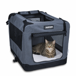Grey 26-inch JESPET soft crate with a cat resting on the included fleece mat