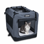 Grey 36-inch JESPET soft crate with a cat resting inside