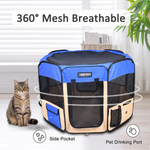Tabby cat beside a blue JESPET playpen with mesh-window, side-pocket and drinking-port callouts