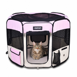 Tabby cat resting inside the Pink 36-inch JESPET playpen with mesh sides and an open front door