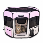Tabby cat resting inside the Pink 45-inch JESPET playpen with mesh sides and an open front door
