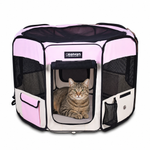 Tabby cat resting inside the Pink 61-inch JESPET playpen with mesh sides and an open front door
