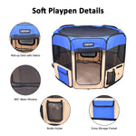 Blue JESPET playpen detail diagram showing the rolled-up door, mesh window, bottle holder and storage pocket