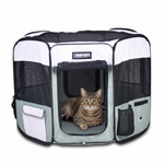 Tabby cat resting inside the Shale Green 36-inch JESPET playpen with mesh sides and an open front door