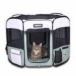 Tabby cat resting inside the Shale Green 45-inch JESPET playpen with mesh sides and an open front door