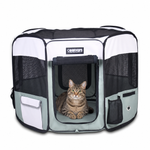 Tabby cat resting inside the Shale Green 61-inch JESPET playpen with mesh sides and an open front door