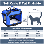 Cat fit guide and outside dimensions for 26-inch and 36-inch JESPET soft crates