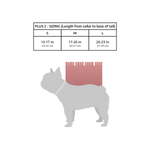 Plus2 dog collar-to-tail fitting guide; Small is 13 to 17 inches, with Medium and Large shown for comparison