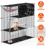 Supplier feature view of the black three-tier cat enclosure with cats, a hammock, two ladders and three access doors.