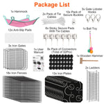 Included enclosure panels, hammock, ball toy, two ladders, fasteners, pads, wooden hammer and manual.