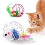 Ginger cat watching a mouse-in-a-cage rolling toy