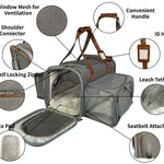 Big Apple carrier feature guide showing mesh, handle, ID holder, zipper, fleece pad, leash tether and seat-belt attachment