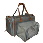 Side view of the Platinum Gray Big Apple carrier with a mesh extension open and the end entrance zipped closed