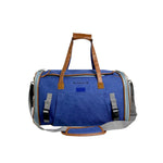 Rear view of the blue Mr. Peanut’s Gold Mini carrier showing handles, shoulder strap and attachment straps