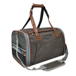 Charcoal Mr. Peanut’s Gold Mini carrier with mesh end panel, brown carrying handles and padded shoulder strap