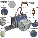 Feature close-ups of the Deja Blue Mr. Peanut's Gold Mini carrier, including its handle, mesh, ID holder, fleece pad and zipper.