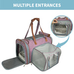 Purple Mr. Peanut's Gold Mini carrier with its end door and mesh expansion open, alongside an entrance close-up.