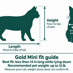 Cat carrier fit guide: nose-to-tail-base length, floor-to-ear-tip height and body width; Gold Mini best fit under 14 inches lying down, up to 12 pounds