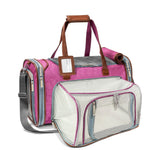 Mr. Peanut’s Gold Mini carrier in Rosa with its mesh expansion open and brown carrying handles