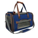 Rear view of the Deja Blue Mr. Peanut’s Gold Series Standard pet carrier with mesh panel, handles and shoulder strap.