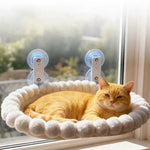 Orange cat sitting in an oval window hammock with a raised fabric edge.