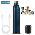 One navy pet nail grinder with USB charging cable and removable cap; cat and dog examples