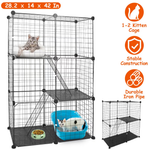Supplier size and feature diagram for the black three-tier cat playpen, showing 28.2 × 14 × 42-inch overall dimensions and door layout