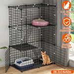 Supplier room photograph of the black three-tier cat playpen with an orange cat and annotations showing the frame, doors and overall size