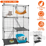 Supplier illustration of a three-tier cat playpen showing dimensions, access doors and an example setup with cats, hammock and litter tray