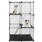 Front view of a three-tier black cat playpen with cats resting on separate platforms
