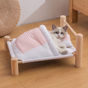Cute Mini Wooden Cat Bed with Blanket